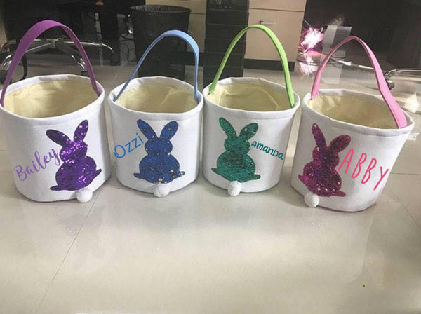 Green / Silver Reverse Sequin Personalized Canvas Bunny Easter Basket, basket, easter, Personalization, sequin, glitter, reversible, mermaid