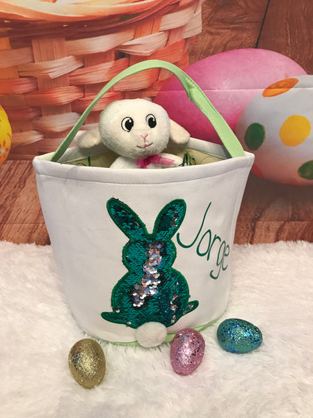 Green / Silver Reverse Sequin Personalized Canvas Bunny Easter Basket, basket, easter, Personalization, sequin, glitter, reversible, mermaid