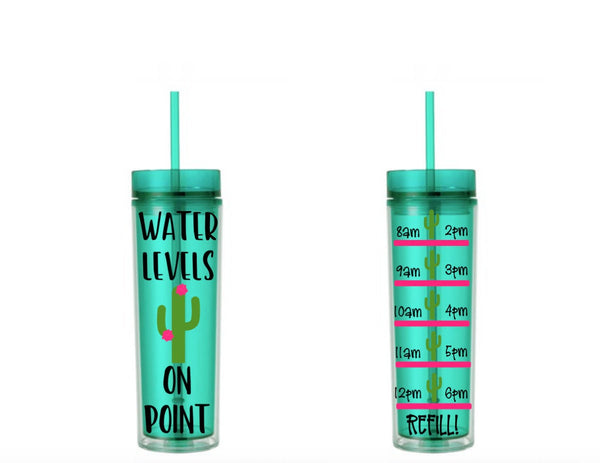 Water Levels on Point Cactus Water Tracker, Motivational, 16 oz, Water Reminder, cactus, on point, skinny tumbler, To go cup