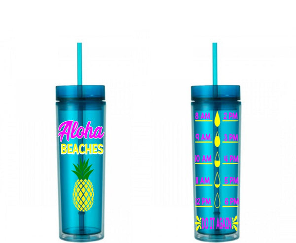 Aloha Beaches Pineapple Water Tracker, Motivational, 16 oz, Water Reminder, beaches, pineapple, aloha, skinny tumbler, To go cup