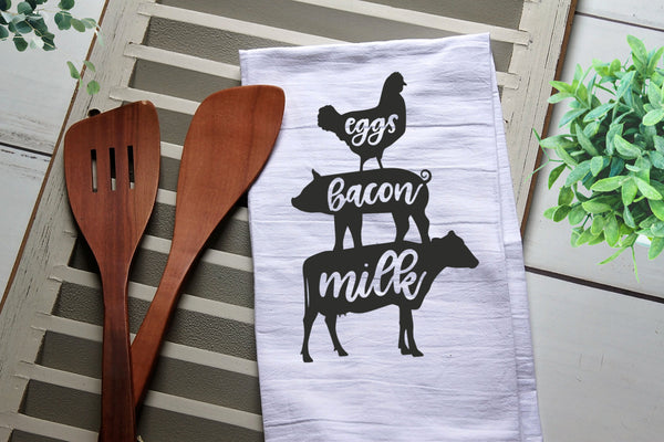 Eggs Bacon Milk Tea Towel, Eggs, Bacon, Milk, Cow, Pig, Chicken, Kitchen Towel, Cook, Personalized Kitchen Towel, Personalized Tea Towel