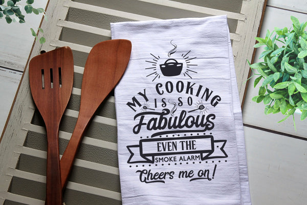 My Cooking is so Fabulous the Smoke Alarm Cheers me on Tea Towel, Kitchen Towel, Cook, Kitchen, Personalized Tea Towel