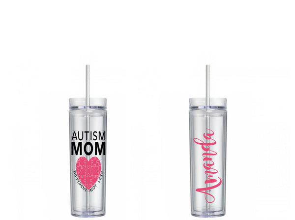 Autism Mom Different Not Less Skinny Tumbler, Motivational, 16 oz, different not less, autism, autism mom, skinny tumbler, To go cup