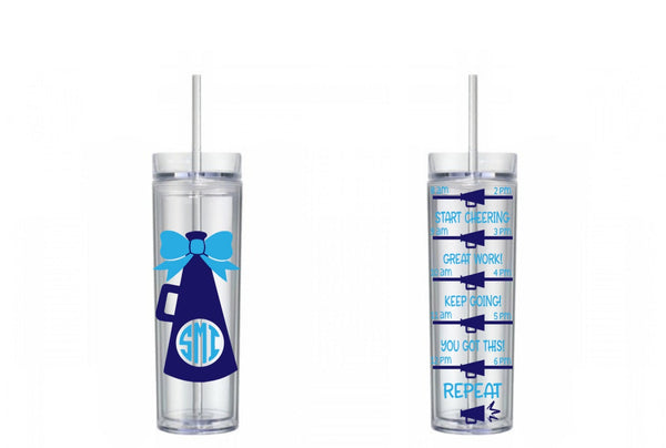 Personalized Monogram Megaphone Cheerleading Water Tracker, Motivational, 16 oz, Water Reminder, megaphone, cheer, skinny tumbler, To go cup