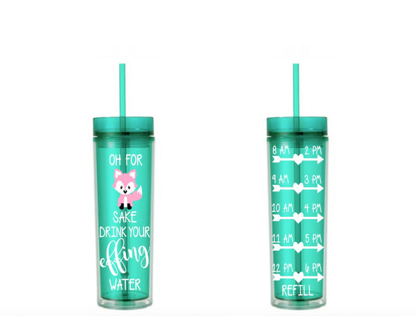 Oh For Fox Sake Drink Your Effing Water Pink Fox Water Tracker, Motivational, 16 oz, Water Reminder, pink, fox, skinny tumbler, To go cup