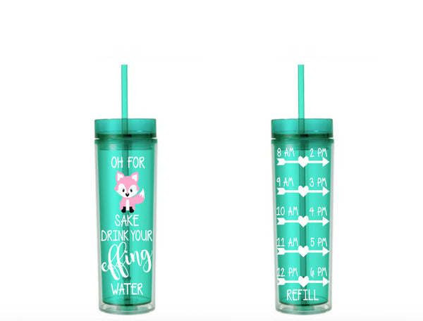 Oh For Fox Sake Drink Your Effing Water Pink Fox Water Tracker, Motivational, 16 oz, Water Reminder, pink, fox, skinny tumbler, To go cup