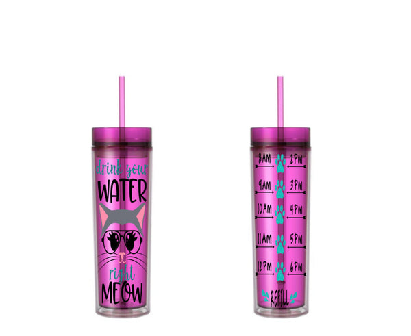 Cat Water Tracker, Cat Water Bottle, Cat Tumbler, hipster, 16 oz, skinny tumbler, To go cup, cat, kitty, drink your water right meow