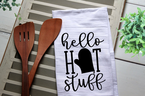 Hello Hot Stuff Oven Mitt Tea Towel, Kitchen Towel, Oven Mitt, Cook, Bake, Funny, Personalized Kitchen Towel, Personalized Tea Towel