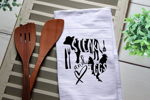 Funny Tea Towel, Steak and Eggs, Cow and Chicken, Kitchen Towel, Cook, Kitchen, Personalized Towel, Kitchen, Cook, Dish Towel, Flour Sack