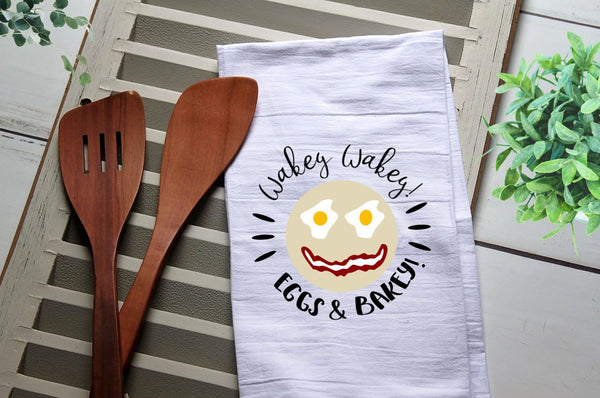 Funny Tea Towel, Wakey Wakey Eggs & Bakey, Kitchen Towel, Kitchen, Personalized Towel, Kitchen, Cook, Dish Towel, Flour Sack