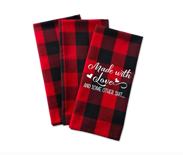 Red Buffalo Plaid Tea Towel, Made with Love Funny Towel, Kitchen Towel, Cook, Bake, Kitchen Towel, Personalized Tea Towel, Funny Tea Towel
