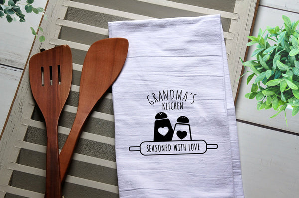 Grandma's Kitchen Flour Sack Dish Towel, Tea Towel, Seasoned with Love, Decorative Towel, Kitchen Towel, Cook, Bake, Grandma, Mother's Day