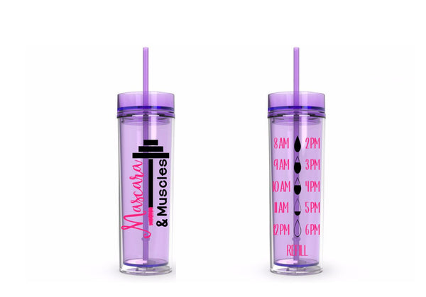 Muscles and Mascara Water Tracker, Motivational, 16 oz, Water Reminder, makeup, muscle, mascara, skinny tumbler, To go cup