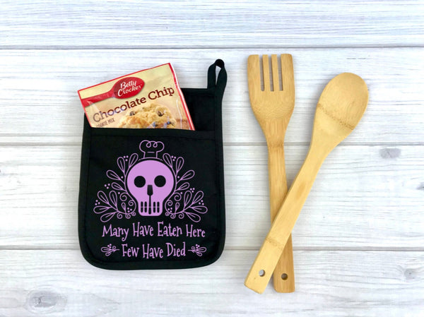 Many Have Eaten Here Few Have Died Skull Custom Potholder, Kitchen, Personalized Pot Holder, funny potholder, bake, skull, baking