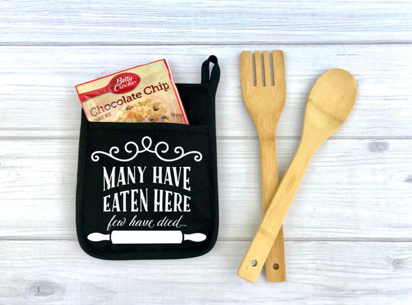 Many Have Eaten Here Few Have Died Skull Custom Potholder, Kitchen, Personalized Pot Holder, funny potholder, bake, skull, baking