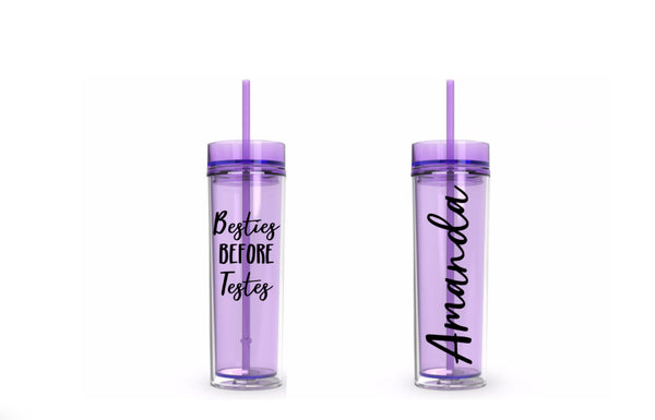 Besties Before Testes Skinny Tumbler, 16 oz, Glitter, Personalized Skinny Tumbler, To go cup, Gift for Her, Gift for Best Friend, Funny Gift