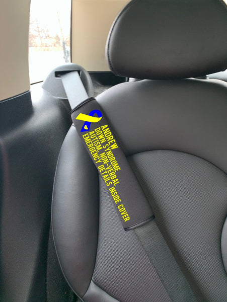 Down Syndrome Medical Alert Seatbelt Cover, non-verbal, autistic, autism, special needs, down syndrome, medical alert backpack strap cover