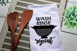 Wash Rinse Repeat Tea Towel, Kitchen Towel, Cook, Kitchen, Personalized Towel, Kitchen, Bake, colander, wash rinse repeat