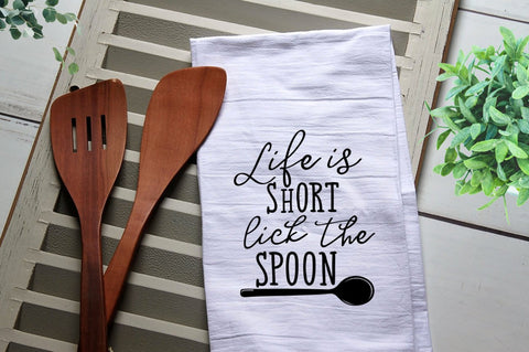 Funny Tea Towel, Life is Short Lick the Spoon, Kitchen Towel, Kitchen, Personalized Towel, Kitchen, Cook, Dish Towel, Flour Sack