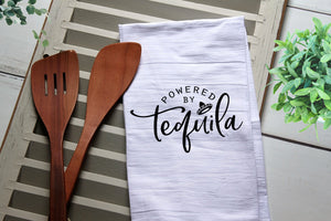 Funny Tea Towel, Powered by Tequila, Funny Kitchen Towel, Kitchen, Personalized Towel, Kitchen, Dish Towel, Flour Sack