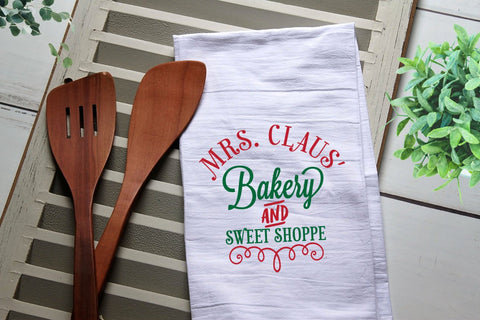 Mrs. Claus Bakery and Sweet Shoppe Tea Towel, Kitchen Towel, Dishes, Personalized Tea Towel, Christmas Towel, Christmas Decoration