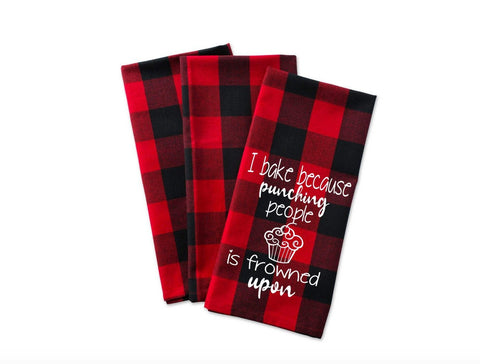 Red Buffalo Plaid Tea Towel, I Bake Because Punching People is Frowned Upon Tea Towel, Cook, Bake, Kitchen Towel, Funny Tea Towel