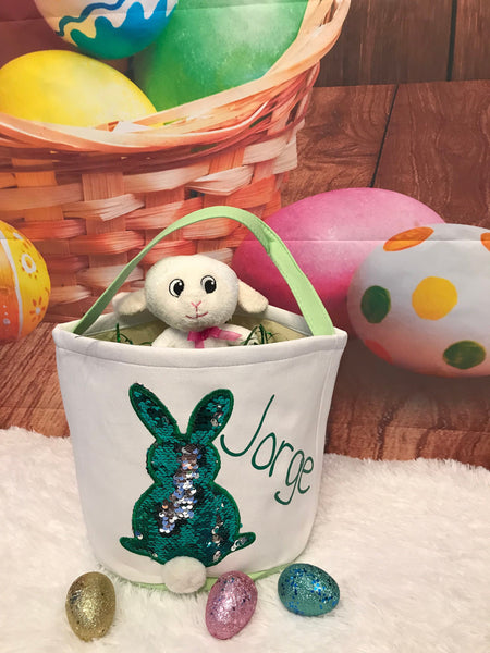 Green / Silver Reverse Sequin Personalized Canvas Bunny Easter Basket, basket, easter, Personalization, sequin, glitter, reversible, mermaid