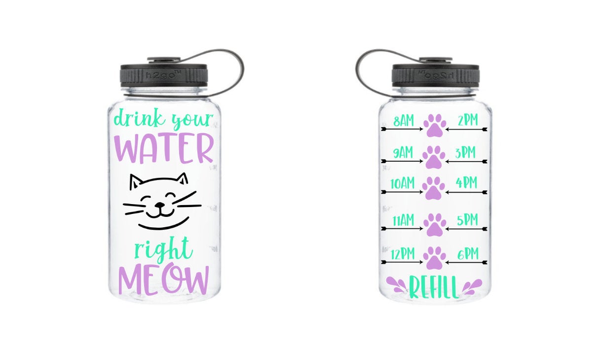 Drink Your Water Right Meow Water Bottle, Motivational Water Bottle, Fitness Water Tracker, Wide Mouth, Cat, Cat Water Bottle, Meow