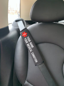 Custom Medical Alert Seatbelt Cover, special needs, down syndrome, epilepsy, diabetes, emergency injection info, car safety, med alert