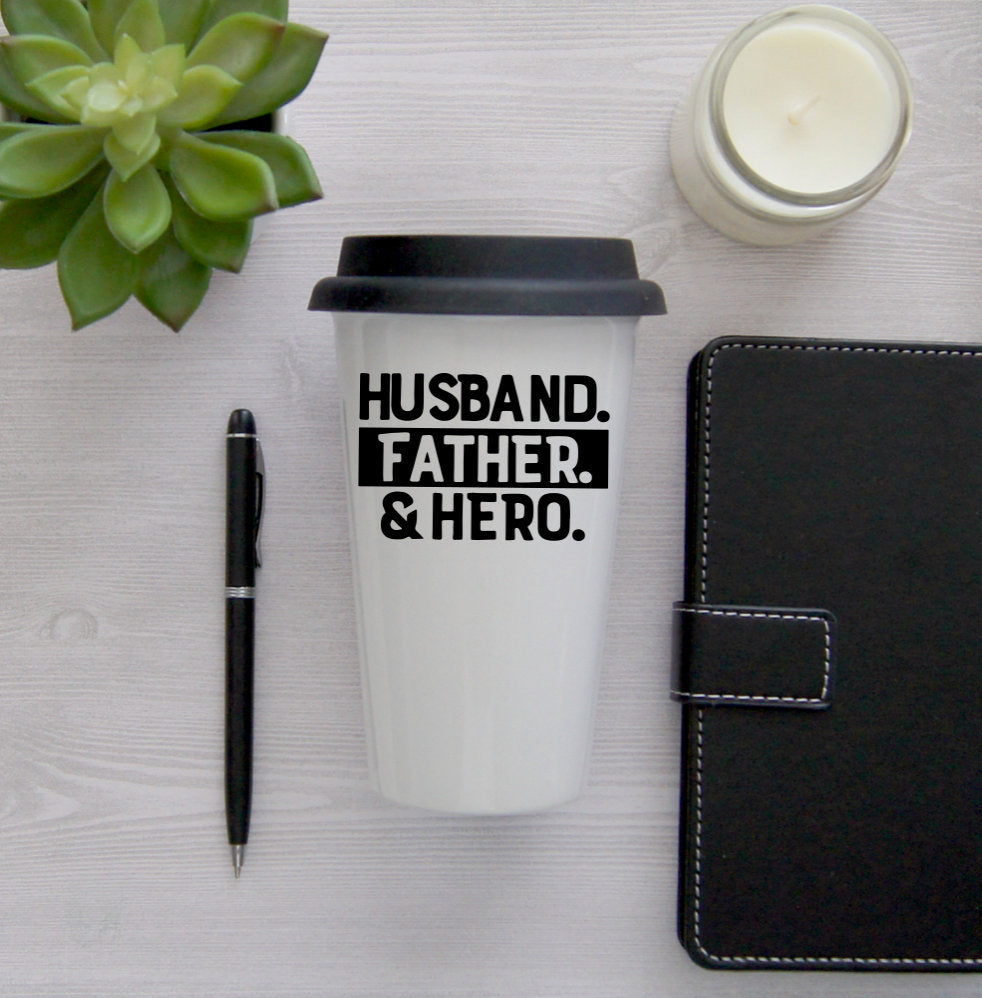 Husband Father & Hero Dad Coffee Travel Mug, Coffee Travel Cup, Travel Coffee Cup, Gift for Dad, Father's Day Gift, Double Wall Travel Mug