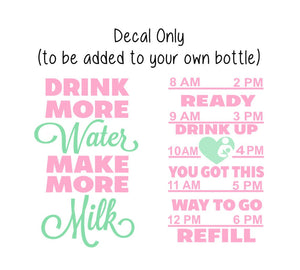Breastfeeding Water Bottle Decal, Water Tracker Decal, Drink More Water Make More Milk Tracker and Design, Decal Only